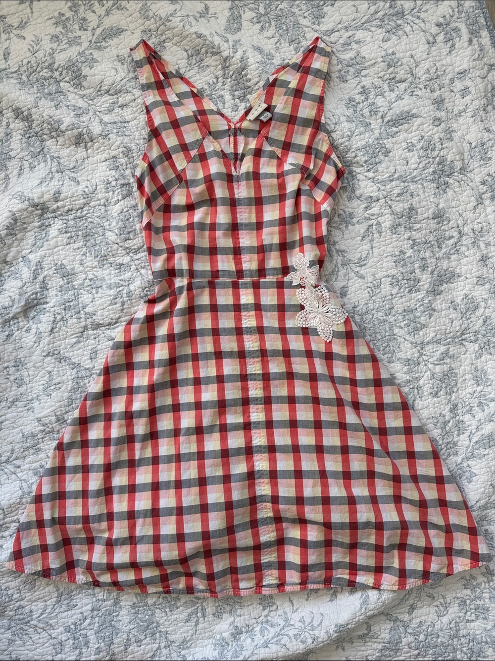 a new day Red, Cream and pink Plaid Midi Dress with Lace Applique